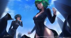 2girls absurdres artist_name bad_id bad_pixiv_id bangs black_dress black_hair breasts building cleavage covered_navel d-han dress female_only flipped_hair fubuki_(one-punch_man) green_eyes green_hair highres jewelry medium_breasts multiple_girls necklace one-punch_man photoshop_(medium) short_hair siblings side_slit signature sisters slq tatsumaki watermark web_address