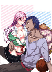 1boy 1girls aomine_daiki basketball_(ball) blue_hair breasts dark_skin kuroko_no_basuke long_hair momoi_satsuki nipples pink_hair straight undressing