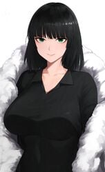 bangs black_dress black_hair blunt_bangs breasts closed_mouth commentary_request dress eyebrows_visible_through_hair female fubuki_(one-punch_man) fur_coat green_eyes highres large_breasts medium_hair one-punch_man senju_(snz0) smile taut_clothes taut_dress white_background