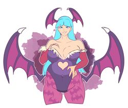 bat_wings belly_button big_belly big_breasts cleavage clothing darkstalkers dwps female green_hair hand_on_breast long_hair morrigan_aensland pregnant small_breasts solo succubus thick_thighs white_background