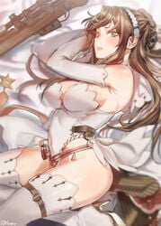 1girls bare_shoulders blurry blush boots breasts bright_pupils brown_hair cleavage covered_navel covered_nipples depth_of_field elbow_gloves english_commentary eyebrows_behind_hair female female_only from_side girls'_frontline gloves gun hair_bun hairband high_heel_boots high_heels highleg highleg_leotard highres hyury large_breasts lee-enfield_(girls_frontline) leotard lips long_hair lying nose on_side parted_lips pursed_lips rifle showgirl_skirt sideboob sidelocks sideways_glance solo solo_female thigh_boots thigh_strap thighhighs thighs tsurime weapon white_footwear white_gloves white_legwear white_leotard wide_hips