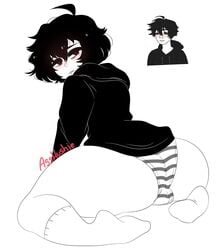 1boy asshushie big_ass black_hair black_hoodie blush blushing bulge doomer_boy emo femboy fluffy_hair hoodie looking_at_viewer luvanely male_focus male_only panties shimapan socks solo_male striped_panties thick_thighs trap wavy_hair white_skin wojak_comics