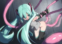 absurdres anal arms_behind_back ass black_legwear black_sleeves blush bottomless clothed_rape cum cum_in_ass cum_in_pussy cum_on_body detached_sleeves double_penetration empty_eyes female fukutchi green_eyes green_hair green_neckwear grey_shirt hatsune_miku highres long_hair moaning motion_blur necktie open_mouth overflow rape restrained shirt tears tentacle tentacle_rape thigh_gap thighhighs thighs twintails vaginal_penetration very_long_hair vocaloid