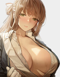 1girls backlighting bangs blazer blue_jacket blush breasts brown_hair cleavage collared_shirt female female_only girls'_frontline gloves green_eyes hair_between_eyes hair_ribbon hair_rings hyury jacket large_breasts long_hair looking_at_viewer no_bra open_clothes open_jacket open_shirt partially_unbuttoned ribbon shirt sidelocks solo springfield_(girls'_frontline) twintails upper_body wet white_gloves