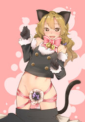 1boy adapted_costume animal_ears bangs bar_censor bare_shoulders black_gloves black_shirt black_skirt black_sleeves blonde_hair blush bow braid brown_eyes cat_ears cat_tail censored commentary_request cookie_(touhou) cowboy_shot crop_top detached_sleeves eyebrows_visible_through_hair femboy fur-trimmed_sleeves fur_trim genderswap_(ftm) gloves hair_between_eyes hairbow heart heart-shaped_pupils highres kemonomimi_mode long_hair looking_at_viewer male male_focus marisa_kirisame meji_aniki navel open_mouth otoko_no_ko penis penis_bow pink_background pink_bow pink_ribbon purple_bow rei_(cookie) ribbon rule_63 shirt side_braid single_braid skirt skirt_pull sleeveless sleeveless_shirt solo symbol-shaped_pupils tail tongue touhou trap