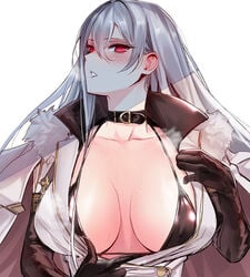 1girls azur_lane bangs bikini bikini_top black_bikini blush breasts cape choker cleavage coat coat_dress collarbone commentary dress elbow_gloves female female_only fur-trimmed_cape fur-trimmed_coat fur_collar fur_trim gloves hair_between_eyes halterneck hat head_tilt high_collar highres hyury jacket jacket_on_shoulders large_breasts light-skinned_female light_skin long_hair looking_to_the_side military military_hat military_uniform mole mole_under_eye northern_parliament_(azur_lane) open_clothes open_jacket parted_lips red_lips silver_hair solo sovetskaya_rossiya_(azur_lane) sweat swimsuit undressing uniform white_coat