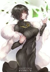 artist_name black_dress black_hair bra_through_clothes breasts cape covered_navel cowboy_shot dress erotipop female fubuki_(one-punch_man) fur_cape green_eyes highres jewelry large_breasts leaf lips long_sleeves looking_at_viewer necklace one-punch_man pantylines ribbed_dress short_hair solo telekinesis turtleneck turtleneck_dress