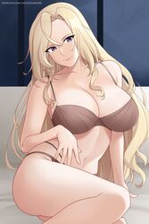 aslindsamure big_breasts blonde_hair breasts female female_focus female_only hand_on_hip hornet_(kantai_collection) kantai_collection leaning_to_the_side lingerie long_hair looking_at_viewer purple_eyes sitting