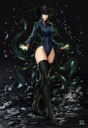 black_background black_dress black_hair black_legwear boots breasts cosplay dress female fubuki_(one-punch_man) green_eyes highres hip_focus large_breasts looking_at_viewer no_panties one-punch_man photoshop_(medium) short_hair simple_background smile solo tatsumaki_(cosplay) taut_clothes taut_dress thegoldensmurf thick_thighs thighhighs thighs wide_hips