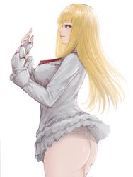 ass bad_id bad_pixiv_id bangs blonde_hair blue_eyes breasts closed_mouth commentary_request detached_sleeves emilie_de_rochefort female fingerless_gloves fingernails from_side gloves highres kuronerinka layered_skirt lips long_hair long_sleeves looking_away medium_breasts miniskirt panties shiny shiny_hair simple_background skirt smile solo tekken thighs thong underwear white_background white_panties