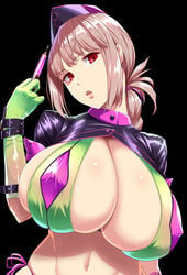 belly belly_button breasts fate/grand_order fate_(series) florence_nightingale_(fate) florence_nightingale_(trick_or_treatment)_(fate) glistening glistening_body glistening_skin gloves hyper hyper_breasts kloah latex latex_gloves lipstick needle red_eyes top_heavy voluptuous