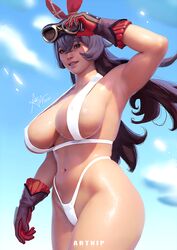 amber_(genshin_impact) artnip big_breasts busty curvy curvy_figure female_only genshin_impact gloves goggles goggles_on_head huge_breasts looking_at_viewer navel oppai realistic red_gloves red_ribbon revealing_clothes sky white_swimsuit wide_hips