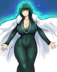 bangs blue_background breasts cleavage collared_dress curvy dress errorkazoo female fubuki_(one-punch_man) fur_coat glowing glowing_eyes green_dress green_eyes highres jewelry large_breasts long_dress medium_hair necklace one-punch_man parted_lips pearl_necklace standing taut_clothes taut_dress thick_thighs thighs wide_hips