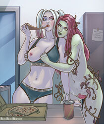 2d 2girls areolae artist_name badbadbaron batman_(series) blonde_hair blue_eyes bra bra_pull canon_couple casual clothing collarbone completely_nude cup dc dc_comics death_by_snoo_snoo drink eating eyeshadow female female_only female_pubic_hair green-skinned_female green_eyes green_skin harley_quinn human indoors kitchen lesbian lipstick long_hair makeup medium_breasts multiple_girls navel nipples note one_breast_out pale_skin pamela_isley panties pizza pizza_box plant plant_girl poison_ivy pubic_hair red_hair refrigerator underwear underwear_only yuri