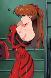 1girls asuka_langley_sohryu blue_eyes blush bodysuit breasts cleavage clothing female female_only locker_room looking_at_viewer neon_genesis_evangelion optionaltypo orange_hair petite pilot_suit plugsuit red_hair solo undressing