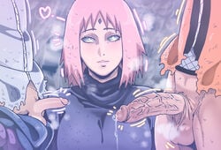 1girls 2boys balls big_breasts big_penis blush bob_cut breasts clothed clothing d-art erection female forehead_jewel forehead_mark fully_clothed green_eyes huge_breasts large_penis lipstick looking_to_the_side male medium_hair naruto naruto_(series) naruto_shippuden netorare ntr pants_down penis penis_awe penis_size_difference pink_hair pink_lips pink_lipstick precum precum_drip sakura_haruno sasuke_uchiha size_comparison small_penis small_penis_adoration small_penis_humiliation straight testicles unseen_male_face uzumaki_naruto veiny_penis