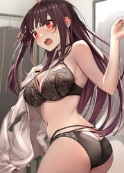 1girls ass ass_cleavage bangs bare_shoulders black_bra black_panties blunt_bangs blush bra breasts butt_crack choker cleavage commentary cowboy_shot dress_shirt duplicate eyebrows_visible_through_hair female female_only girls'_frontline hair_ribbon highres holding holding_clothes holding_shirt hyury indoors lace lace_bra lace_panties legs_together long_hair matching_underwear one_side_up open_mouth panties photoshop_(medium) purple_hair red_eyes red_ribbon ribbon shirt sidelocks solo sweatdrop twisted_torso underwear wa2000_(girls'_frontline) white_shirt