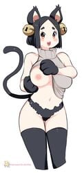 animal_ears bell black_eyes black_gloves black_hair black_legwear black_panties blush blush_stickers breasts cat_ears cat_girl cat_tail female gloves hair_bell hair_ornament highres kenron_toqueen lifted_by_self one_breast_out open_mouth original panties patreon_username paw_gloves paws short_hair simple_background smile solo tail teeth thighhighs tongue turtleneck underwear upper_teeth white_background