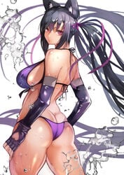 absurdly_long_hair animal_ear_fluff animal_ears annie_(destiny_child) ass bad_id bad_pixiv_id bangs bare_shoulders bikini black_hair breasts butt_crack cowboy_shot destiny_child elbow_gloves female fingerless_gloves from_behind gloves hair_ribbon hands_on_hips heart_cutout highres huge_ass large_breasts long_hair looking_at_viewer looking_back multicolored_hair plump_ass purple_bikini purple_eyes purple_gloves purple_hair purple_ribbon ribbon sidelocks simple_background swimsuit very_long_hair water_drop wet white_background yoshi55level