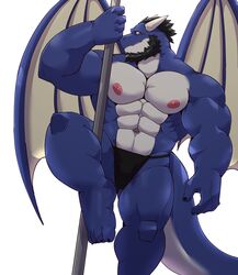 1boy abs absurd_res anthro beard black_hair blue_body clothing dancing dragon facial_hair hair heterochromia hi_res horn humanoid jumperbear male male_only muscular muscular_anthro nipples pecs pole pole_dancing speedo swimwear wings