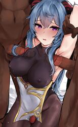 1girls 3boys armpit_fetish armpit_sex armpits breasts dark-skinned_male dark_skin ganyu_(genshin_impact) genshin_impact ginga_elyka hairjob horns interracial multiple_penises naokomama nipple_bulge pantyhose penis rape tagme thighjob