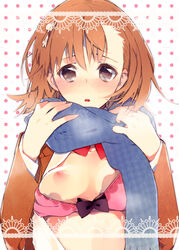 1girls bad_id bad_pixiv_id black_eyes blush bra breast_slip breasts brown_hair female hair lingerie medium_breasts misaka_mikoto nipples one_breast_out open_clothes scarf school_uniform schoolgirl solo teenage_girl teenager to_aru_kagaku_no_railgun to_aru_majutsu_no_index tokiwadai_school_uniform tsunekawa_niwasuke underwear young