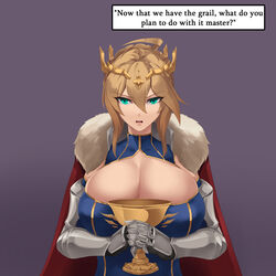 1girls artoria_pendragon artoria_pendragon_(lancer) big_breasts blonde_hair breasts cleavage fate/grand_order fate_(series) female female_only green_eyes holy_grail_(fate) looking_at_viewer pockyland solo solo_female tagme talking_to_viewer