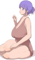 bangs bare_shoulders breasts brown_swimsuit chestnut_mouth cleavage clothed collarbone female female_focus hand highres huge_breasts human index_finger_raised light_purple_hair limited_color long_breasts long_cleavage namamo namamo_(kura) one-piece_swimsuit plump purple_eyes purple_hair short_hair simple_background sitting sketch solo swimsuit thick_thighs thighs white_background yokozuwari