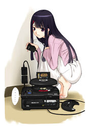 1girls barefoot black_eyes black_hair cd_player clothing electronics failure feet female game_cartridge game_console game_controller genesis_controller human long_hair long_skirt mega_drive pale_skin pink_shirt power_socket sakamoto_mineji sega sega_32x sega_cd sega_genesis sigh solo spoken_ellipsis squatting tiptoes white_skirt