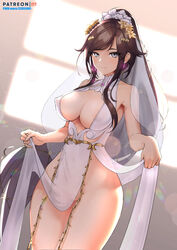 bad_id bad_pixiv_id bare_shoulders breasts brown_hair cleavage cleavage_cutout cleft_of_venus closed_mouth clothing_cutout commentary_request covered_erect_nipples dress earrings ett female flower grey_eyes hair_flower hair_ornament jewelry khan_the_swift korean_commentary large_breasts last_origin long_hair looking_at_viewer midriff nipples no_bra no_panties pelvic_curtain pussy see-through_clothing side_slit sidelocks sleeveless sleeveless_dress smile standing thighs veil very_long_hair wedding_dress white_dress wide_hips window