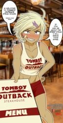 bandaid bandaid_on_face blonde_hair blush bra_strap cleavage dialogue hair_ornament midriff outback_steakhouse piercing pshyzo sharp_teeth short_hair tagme tank_top tomboy tomboy_outback