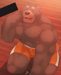 1boy 2021 anthro arufina_w bodily_fluids brown_body brown_fur bulge censor_bar closed_eyes clothing cum cum_on_ground fur gay genital_fluids kemono male male_only mammal moobs nipples orange_underwear overweight overweight_anthro overweight_male solo underwear ursid yaoi