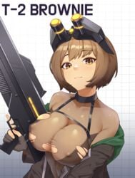 1girls :3 absurdres assault_rifle bangs blush bodysuit breasts brown_eyes brown_hair character_name chest_strap ett eyebrows_visible_through_hair female goggles goggles_on_head gun highres large_breasts last_origin light-skinned_female light_skin looking_at_viewer nipple_bulge rifle short_hair smile solo solo_female t-2_brownie_(last_origin) torn_clothes torn_shirt weapon