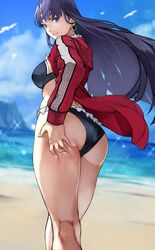 1girls ass ass_grab beach bikini black_bikini blue_eyes day earrings fate/grand_order fate_(series) female frilled_bikini frills highres hoop_earrings huge_ass jacket jewelry long_hair looking_at_viewer looking_back open_clothes open_jacket purple_hair red_jacket saint_martha saint_martha_(swimsuit_ruler) sand smile solo swimsuit thick_thighs thighs water wide_hips yoshi55level