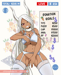 1girls bare_shoulders bottomless bra bra_lift bunny_ears covering covering_crotch curvy curvy_figure dark-skinned_female dark_skin female female_only garter_belt garter_straps ggc grin legwear lingerie livestream long_hair looking_at_viewer miruko my_hero_academia no_panties one_eye_closed partially_clothed red_eyes rumi_usagiyama smile standing stockings teasing thick_thighs underboob underwear undressing very_long_hair white_fur wide_hips wink