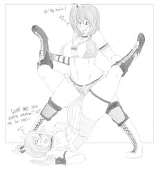 2girls about_to_fart boots cute dead_or_alive dialogue english_text female female_only greyscale holding_legs honoka_(doa) lazei monochrome multiple_girls nico_(doa) scissoring sketch skimpy_clothes text thick_thighs thighs tribadism tribadism_through_clothing yuri