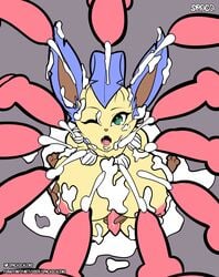 absurd_res alternate_color animal_genitalia animal_penis anthro bodily_fluids breasts bukkake canine_penis cum cum_on_face digital_media_(artwork) eeveelution erection genital_fluids genitals group group_sex hi_res knot leafeon male mammal nintendo nipples nude penis pokemon pokemon_(species) rain_(purplebird) sex simple_background spaca text tongue video_games