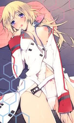 bad_id bad_pixiv_id belt blonde_hair blush breasts charlotte_dunois female infinite_stratos long_hair lying medium_breasts navel nipples on_back open_clothes open_mouth open_shirt panties purple_eyes shirt solo tsunekawa_niwasuke underwear wet_pussy