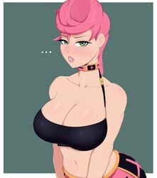 ... 1girls alternate_breast_size bare_shoulders belly big_breasts blush blushing breasts choker clavicle cleavage curvy female g3mma green_eyes half-closed_eyes human jojo's_bizarre_adventure large_breasts light-skinned_female light_skin lips lipstick looking_at_viewer midriff navel pink_hair pink_lipstick short_hair shounen_jump simple_background solo solo_female sweat trish_una vento_aureo
