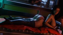 1boy 1girls 3d 3d_(artwork) alien ass balls big_ass big_breasts bioware black_hair blender boots breasts camera choker dreamhawk garter_belt garter_straps heels high_heel_boots huge_ass imminent_sex looking_at_viewer mass_effect miranda_lawson on_stomach partially_clothed penis pinup porn_star sfmdh thigh_boots thighhighs vorcha