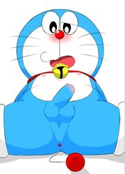 adorable anus balls blue_body blue_skin blush chubby collar cute cute_face doraemon doraemon_(character) feline jingle_bell male male_only naked nude nude_male open_mouth overweight penis red_collar red_nose red_tail robot solo solo_male testicles urumeme whiskers white_feet