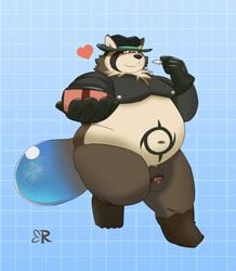 2021 anthro balls blush brown_body brown_fur canid canine clothing flaccid fur genitals gloves handwear hat headgear headwear heart hi_res live-a-hero male mammal overweight overweight_anthro overweight_male penis raccoon_dog ragnadope shoen solo tanuki video_games