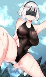 arm_behind_back arm_up bare_shoulders black_blindfold black_hairband black_swimsuit blindfold blue_sky breath cloud cloudy_sky collarbone covered_nipples dripping female grey_hair hairband highres kenron_toqueen mole mole_under_mouth mountain nier:_automata nier_(series) one-piece_swimsuit outdoors patreon_username see-through short_hair sky solo spread_legs steam steaming_body swimsuit wet yorha_2b