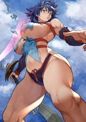 1girls 2020 bare_shoulders bastard!! blue_hair blue_sky blush breasts broken broken_sword broken_weapon cloud cloudy_sky covered_erect_nipples crack curvaceous female green_eyes hair_between_eyes highres holding holding_sword holding_weapon human kai_harn large_breasts light-skinned_female light_skin long_hair looking_at_viewer medium_hair muscular muscular_female muscular_thighs navel nipple_bulge open_hand outdoors parted_lips shounen_jump sky slashing solo sweat sword thick_thighs torn torn_clothes turtleneck warrior weapon wide_hips yoshi55level