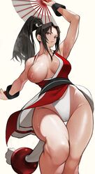 1girls absurdres arm_behind_back bangs bare_shoulders breasts brown_eyes brown_hair center_opening cleavage clothes_pull collarbone dress fan fatal_fury female folding_fan forehead high_ponytail highres holding holding_fan japanese_clothes king_of_fighters large_breasts long_hair looking_at_viewer mai_shiranui ninja nipples no_bra one_breast_out parted_bangs pelvic_curtain ponytail red_dress revealing_clothes sash sideboob solo sweat thighs wardrobe_malfunction yoshi55level