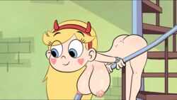 accurate_art_style ass bending_over big_breasts blonde_hair casual female female_only gigantic_breasts hanging_breasts heart_cheeks horned_headwear magical_girl nipples nude_female royalty sagging_breasts spiked_bracelet spiral_staircase star_butterfly star_vs_the_forces_of_evil troskc