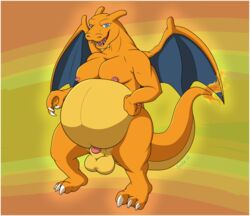 3_toes animal_genitalia balls belly benjibat big_belly border charizard claws dragon feet fire flaming_tail genitals hi_res looking_at_viewer male nintendo nipples nude orange_body overweight overweight_male penis pokémon_(species) pokemon pokemon_(species) sheath solo thick_tail toes video_games white_border wings