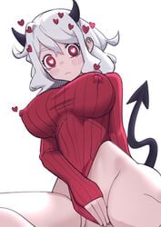 3d between_legs black_horns black_tail blush breasts closed_mouth covered_erect_nipples demon_girl demon_horns demon_tail ett female heart heart-shaped_pupils helltaker highres horns large_breasts long_sleeves looking_at_viewer looking_down medium_hair modeus_(helltaker) nipple_bulge no_panties no_pants red_eyes red_sweater ribbed_sweater simple_background sitting solo sweater symbol-shaped_pupils tail white_background white_hair