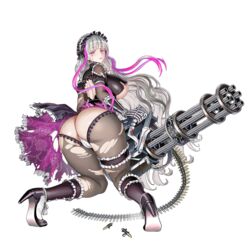 1girls ammunition_belt ass ass_focus bangs black_legwear breasts cleft_of_venus eternity_(last_origin) female from_behind full_body gatling_gun gothic gun hairband highres huge_ass huge_breasts last_origin lolita_hairband long_hair looking_at_viewer looking_back maid minigun multicolored_hair official_art pantyhose pink_hair purple_eyes scar silver_hair solo tachi-e taesi torn_clothes torn_legwear transparent_background two-tone_hair very_long_hair weapon