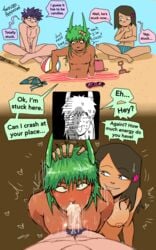 1girls 2boys beach blowjob cum dark-skinned_male dark_skin demon dialogue ejaculation female_supporting_yaoi green_hair hand_on_head horns incubus light-skinned_female light-skinned_male light_skin male/male malesub orgasm_face saliva stuck text threesome twopepperoni